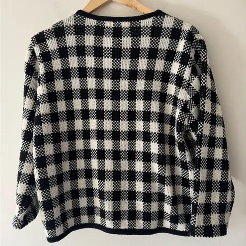 90s Womens Large Picnic Plaid Houndstooth Knit Cardigan Sweater Black Size undefined