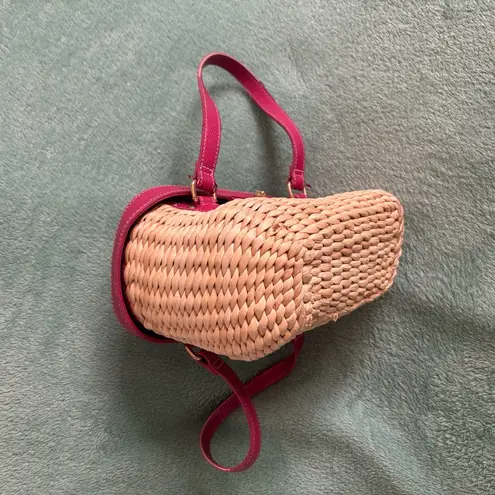 Vintage Vegetable Fiber Woven Basket Purse Top Handle Bag Pink Tan mirror