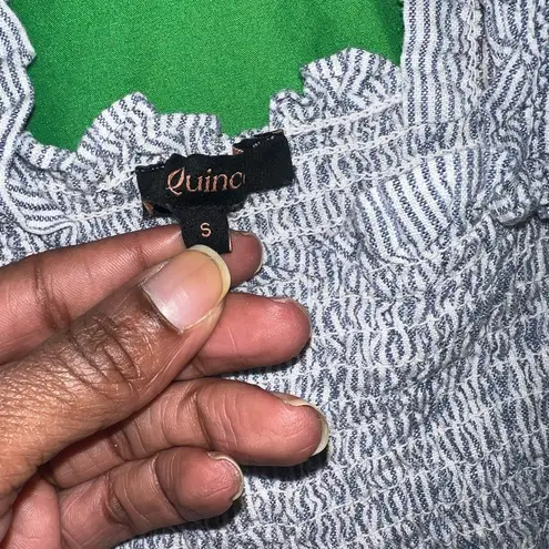 Quince 100% European Linen Smocked Midi Dress Navy Blue & White Fabric sz Small