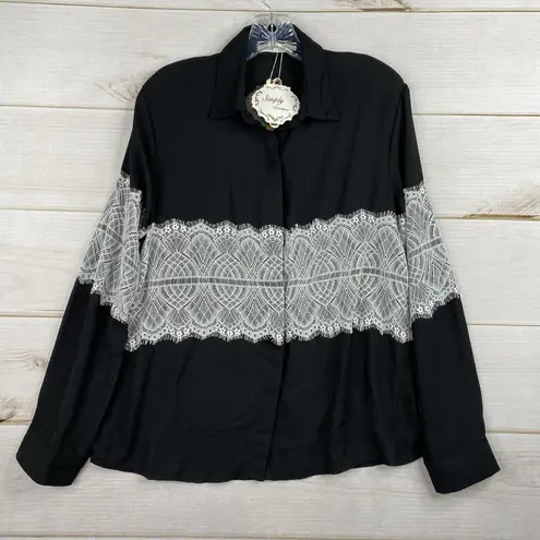 Simply Couture Top Womens S Black White Lace Button Up Long Sleeve Lightweight
