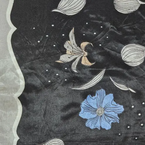 Vintage Satin Floral Scarf Black Blue Square Neck Head Bandana Kerchief Silver