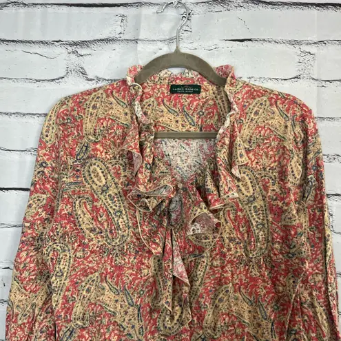 Vintage LRL Ralph Lauren paisley blouse Y2K ruffle western boho top red tan S