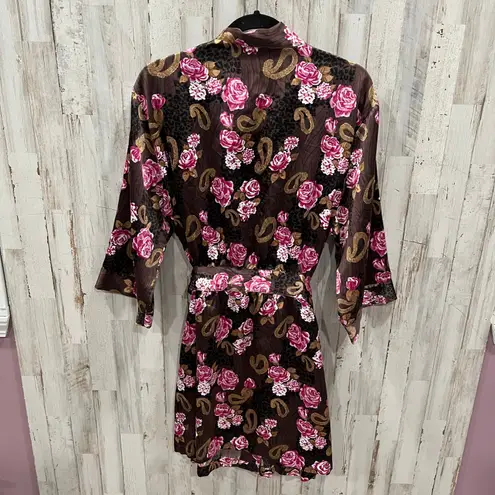 Cabernet Satin Robe Kimono Women's Brown Floral Pasiley Animal Belted Pockets XL Pink