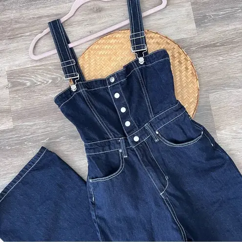 We Wore What  bustier denim jumpsuit in dark wash rinse