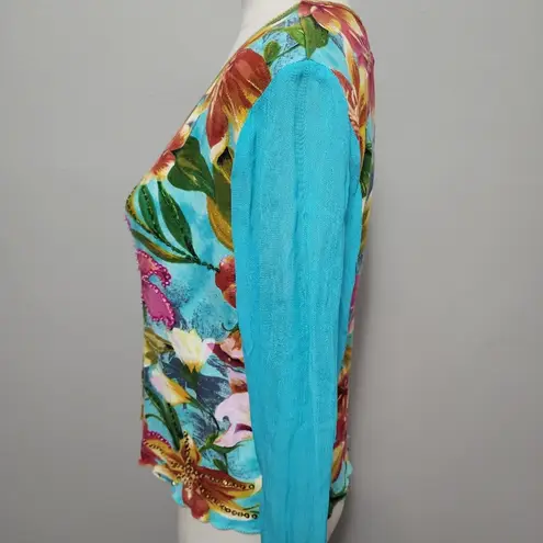 Jane Ashley Turquoise Sequin Tropical Floral Long Sleeve Top Size Medium