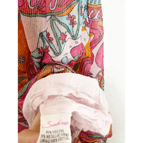 Sundress Amina Dress Size Large Fuchsia orange Print Halter Neck Asymmetric Hem