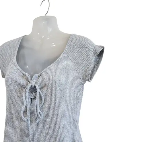 Better Be Lace Up Ribbed Knit Short Sleeve Cropped T-Shirt Gray Size Large
