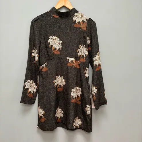 Stone Cold Fox Long Sleeve Silk Mini Dress Floral Brown 1 XS