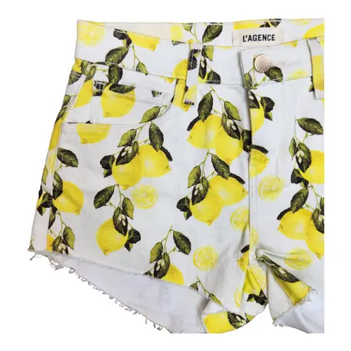 L'Agence  Womens Audrey Mid Rise Shorts | Ivory/Yellow Lemons Size 23 | NWT