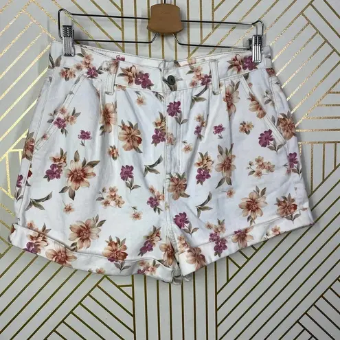 American Eagle  Mom Shorts High Waist Floral Print Cotton Denim White Size 10‎