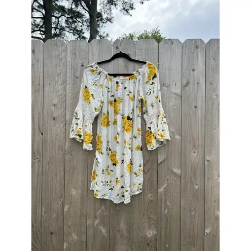 floral Speed Control Womens Dress white yellow Medium Boho Long Sleeve Spring