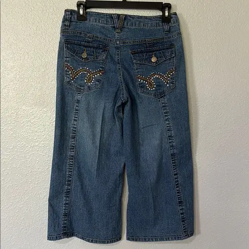 Vintage Y2K Hip Jeans Wide Leg Cropped ā USA Flag Patch, Rhinestone Pockets Blue Size undefined