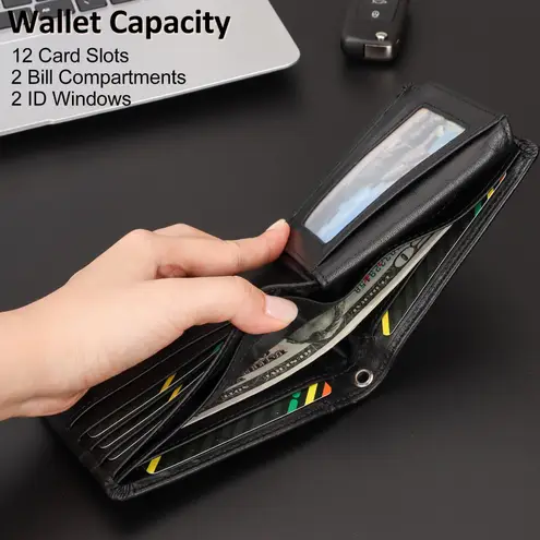 Chain Wallet for Men, Mens Wallet with Chain Genuine Leather Purse RFID Blocking Bifold Wallets for Men with ID Window (Black) - Image 6