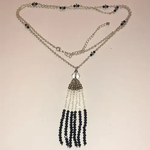 Elegant Black and Silver Tone Boho Fringe Tassel Beaded Necklace