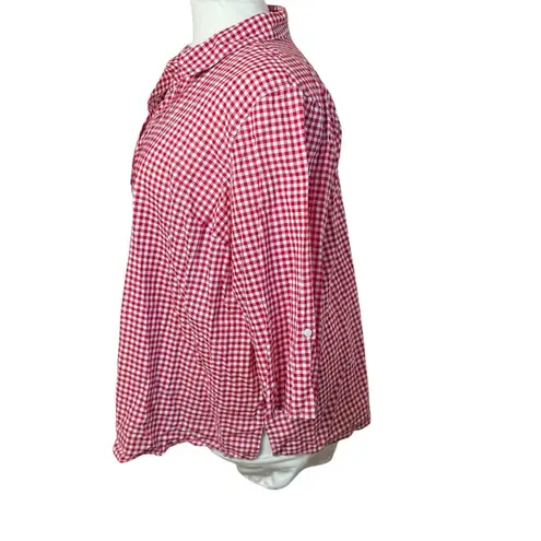 Catherines Plus Size Top Blouse Button Down 3X Red White Gingham Tabbed Sleeves