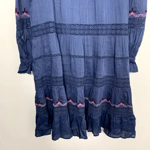 Johnny Was Reina Midi Dress Womens Large Linen-Blend Blue Embroidered