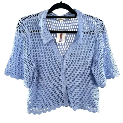 Ultra Pink Crochet Short Sleeve Cotton Cottagecore Blue Cardigan Sweater Medium