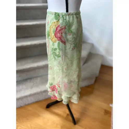 Vintage Y2K Lime Green Tiered Paisley Butterfly Floral Slip Skirt Fairy Size 8