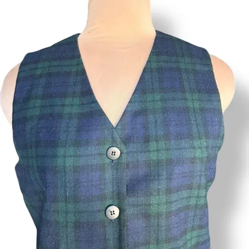 Vintage Talbots Wool Plaid Vest Black Watch Tartan Embroidered Button Front Blue Size M