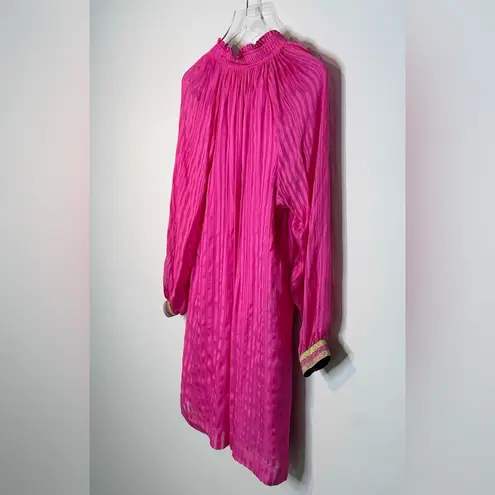 Marie Oliver Hot Pink Magenta Silk Long Sleeve Metallic Stripe Cuff Dress Size M