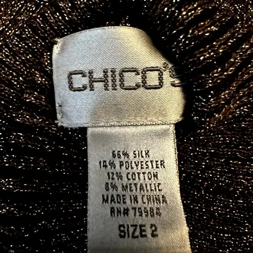 Chico's  Turtleneck Silk Sweater Metallic Glitter Ribbed Knit Black Gold 2 Large