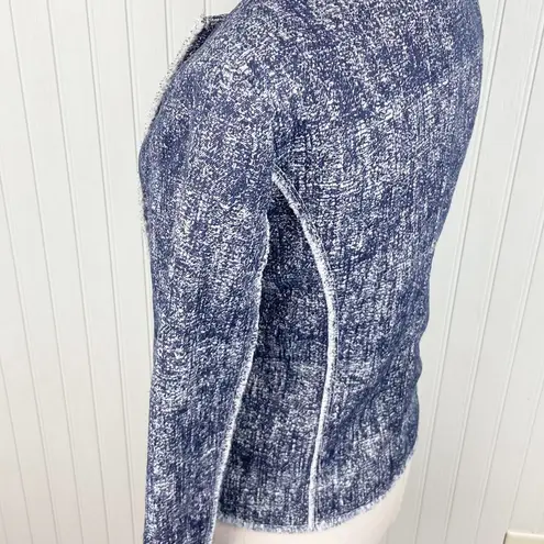 Ecru Blue Printed Fringe Trim Tweed Jacket Zip Blazer Women's Size XS