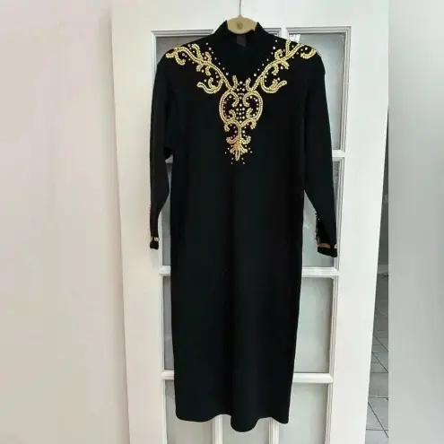 Vintage Antonella Preve New York Black Whimsigoth Gold Beaded Midi Dress Size M Size M