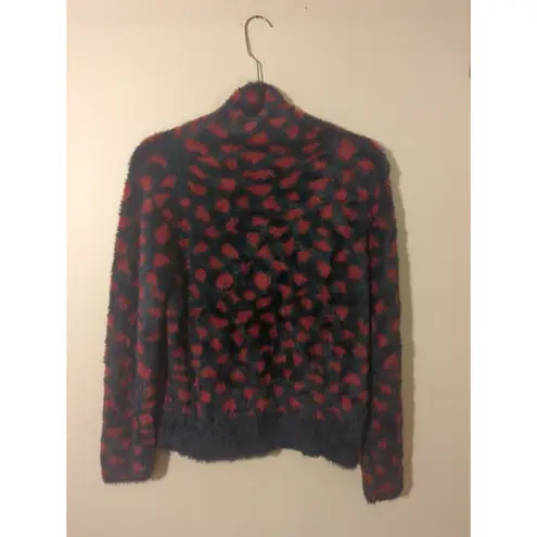 RTR Thakoon Navy Red Printed Fuzzy Mock Neck Pullover Sweater Sz Small soft Blue