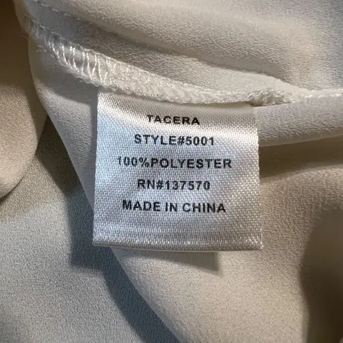 Tacera Womens Blouse Top Roll Tab Sleeves Zip Accent Ivory Light Beige Chiffon