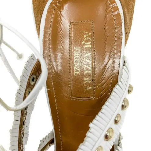 Aquazzura White Tulum Fringed Leather Studded Gladiator Sandal size 37.5