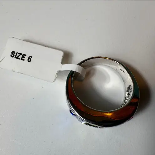 Rainbow Baguette Crystal Ring Silver Tone Statement Band Size 6 Cocktail Jewelry