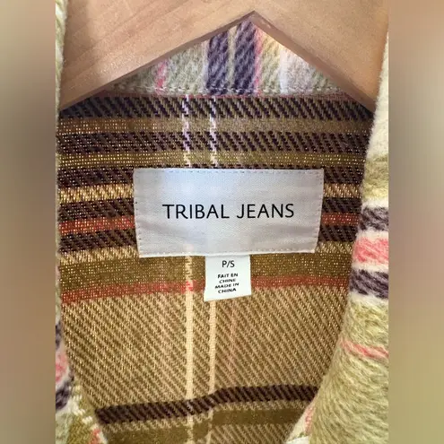Tribal Jeans Cream Purple Plaid Checkered Long Sleeve Shirt Jacket Shacket Small