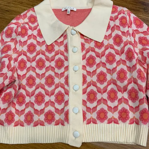 Baevely Women's Floral Knit Cardigan Sweater Cream Pink Retro Style Size Medium Pink