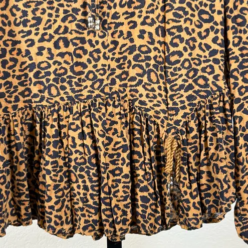 Leopard Peplum Blouse Long Sleeve Boho Chic Flowy Tiered Hem Top Women’s Small Brown
