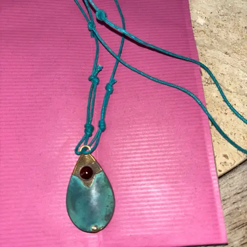 HANDMADE NECKACE COPPER TEAL 13” TOTAL LENGTH WITH PENDENT CORDED ROPE 11.5” Blue