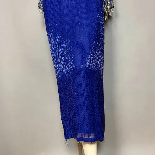 Oleg Cassini Vintage Formal Dress I. Magnin Sequins Beaded Fringe Blue Glamour - Image 4