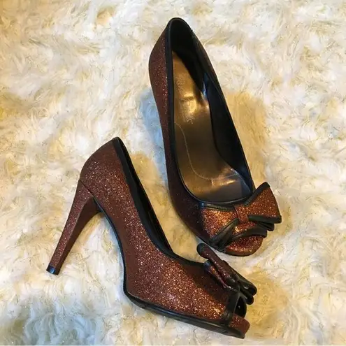 Rose Petals Copper Bling glitter Bow Heels with leather Trim Size undefined