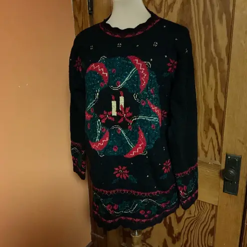 Vtg 90s oversized Christmas Wreath Glittery Sweater Black Size M