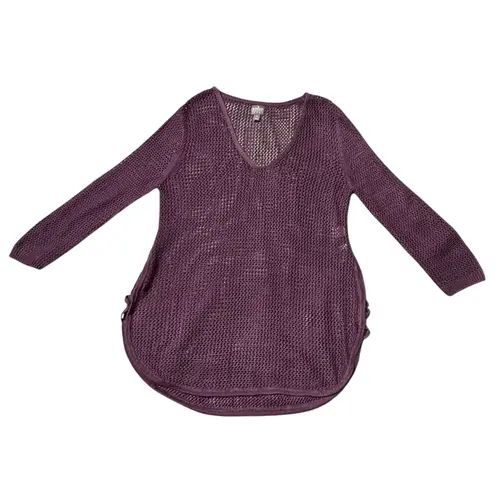 Soho New York Jeans Purple Crochet Knit Long Sleeve V Neck Tunic Top Size M