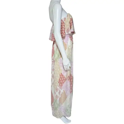 Ces Femme Pastel Patchwork Ruffle Bodicece Strapless Maxi Dress Size Small Pink