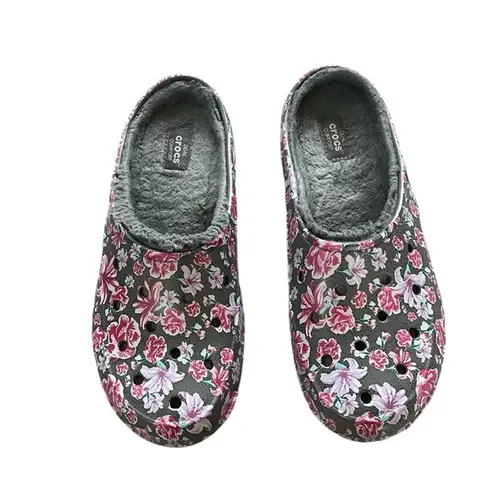 Crocs Size 9 Grey and Pink Floral Fleece Lined Clog Shoes