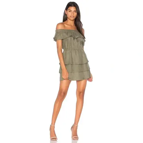 SIR The Label / Revolve Stefi Linen Off Shoulder Ruffle Mini Dress in Dark Olive