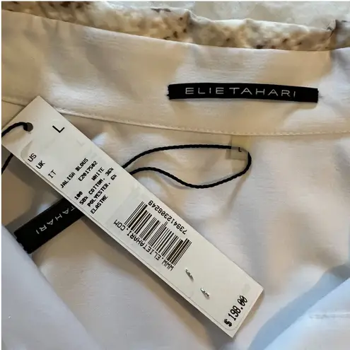 Elie Tahari Blouse Womens Size L White Long Sleeve Button Front Animal Print NWT