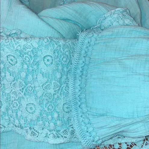 Soft Surroundings Kiona Gauze Tunic Dress Medium Turquoise Lace Trim Resort
