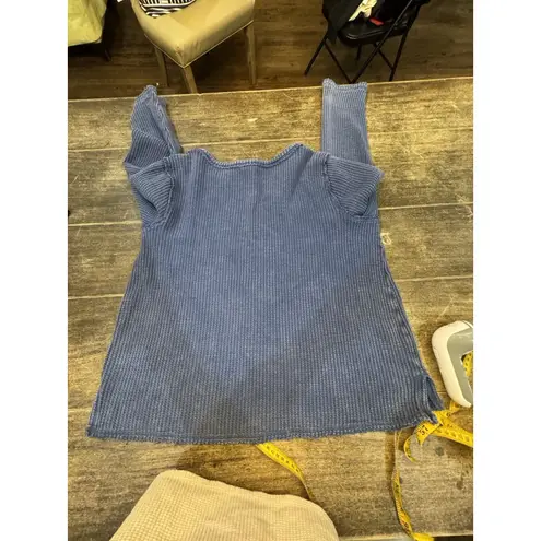 Sundance Thermal Long Sleeve T Shirt Graphic V Neck Waffle Knit Size XL Blue