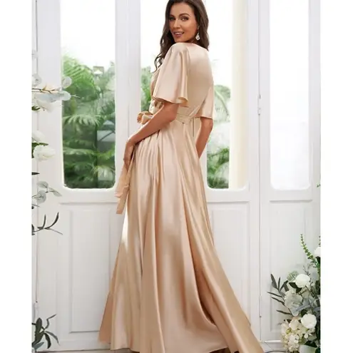 Hebeos Champagne Flutter Sleeve Bridesmaids Dress D41