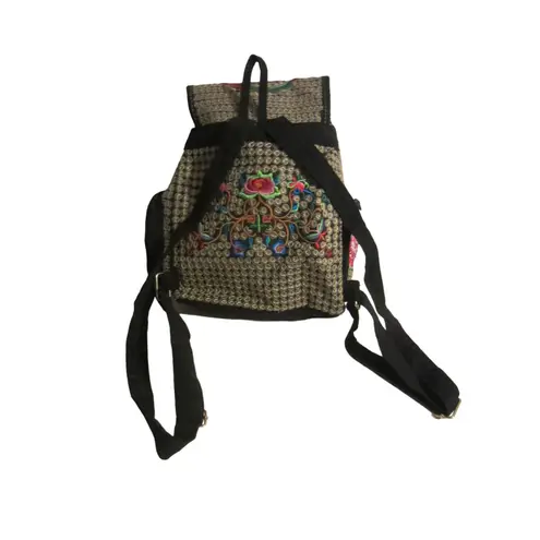 Boho Embroidered Floral Backpack Black Red Rose Folk Festival Bag