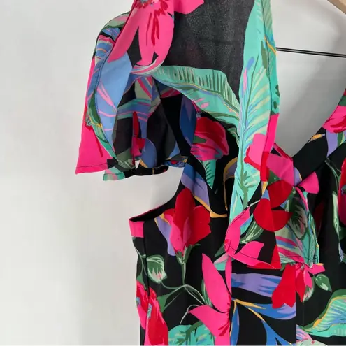 cupio Tropical Floral Print Chiffon Ruffle Flutter Sleeve V Neck Jumpsuit