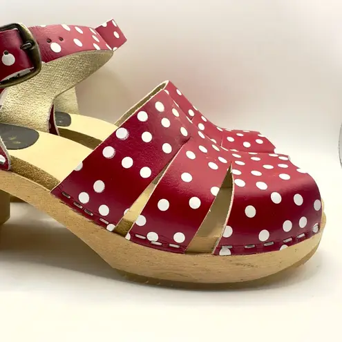 Red & White Polka Dot Wooden Clogs Heels Sandals Peep Toe Leather Womens 8.5 39