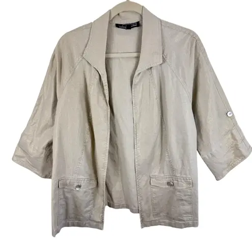 Linear Linen Blend Tan Shimmer Metallic 3/4 Sleeve Open Lightweight Jacket Sz L Size L